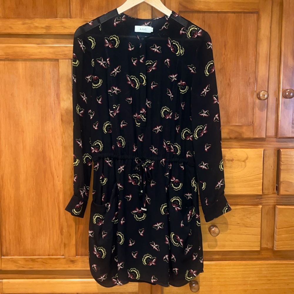 A.L.C. Long Sleeve Silk Black Floral Print Dress Size 4
